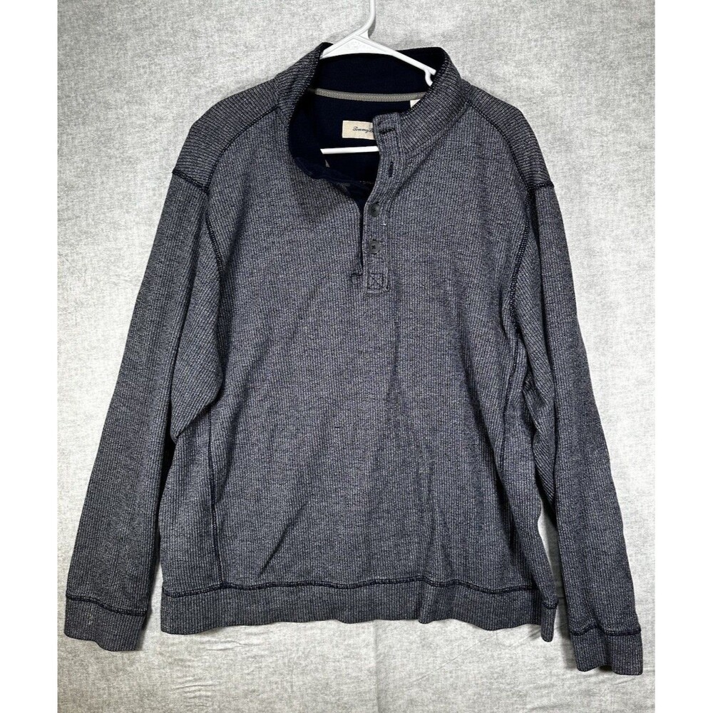 Tommy Bahama Sweater Mens Large Pullover 1/4 Button Blue Ribbed Mock Neck